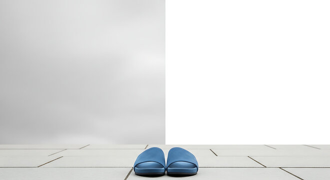 Pair of blue flip flops footwear.