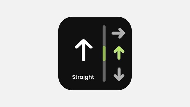 A navigation direction icon showing straight ahead arrow with vertical movement indicators labeled Straight on dark background