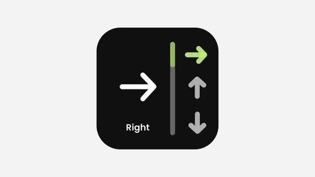 A navigation direction icon showing a right turn arrow with up and down arrows labeled Right on a dark rounded background