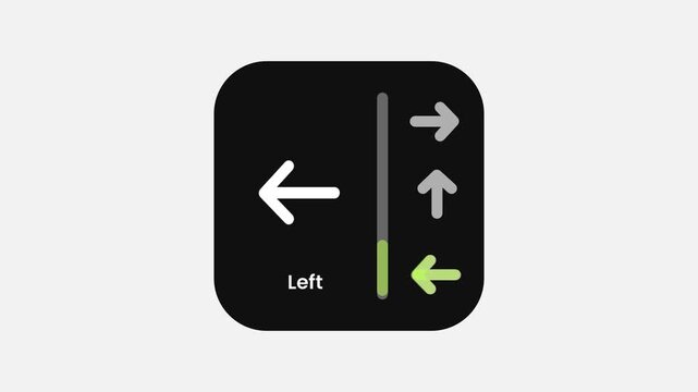 A navigation direction icon showing a left turn arrow with horizontal indicators labeled Left on a dark rounded square background