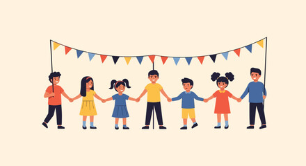 Fototapeta premium Diverse group of children holding hands, forming a circle of unity and friendship