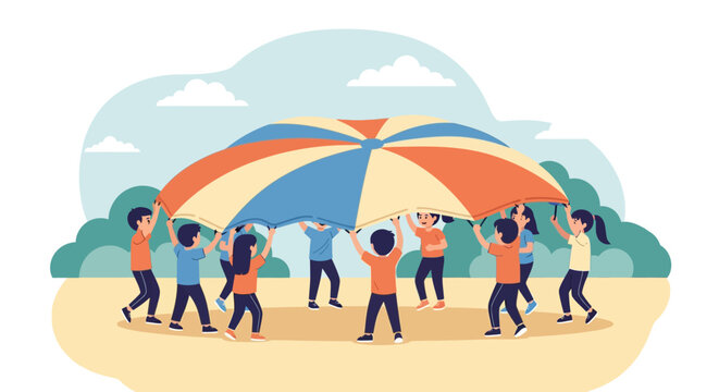 Children Playing Together With A Colorful Parachute During Outdoor Activities
