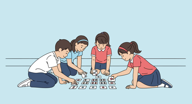 Children playing a memory card matching game, illustrating childhood learning and fun