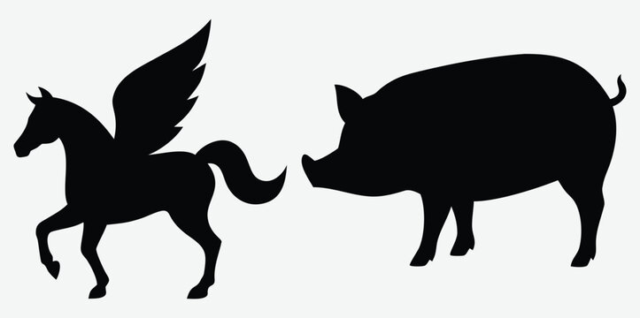 Black silhouette of a winged pegasus horse and a farm pig standing side by side Vector