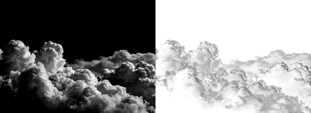 Dramatic white clouds on black and white backgrounds, fluffy cumulus cloud textures, realistic atmospheric vapor elements for photo compositing