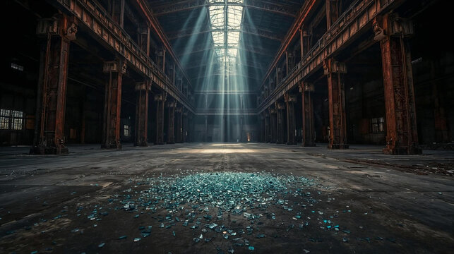 Dramatic light beams piercing through the roof of a vast, empty abandoned factory hall with broken glass on the floor.