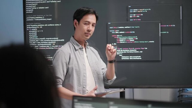 Programmer software developer engineer meeting indoor office project coding progression presentation update security database data analysis business technology support concept