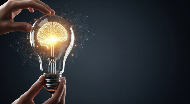 Hands holding a clear light bulb with a glowing golden brain, perfect for brilliance concepts, psychology, and smart idea plans