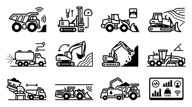  Autonomous mining haul truck and drilling rig icon set &ndash; 4x3 flat monochrome vector grid on white background for self-driving extraction operations