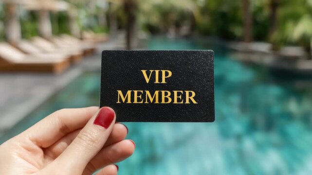 female hand hold vip member card on pool background animation