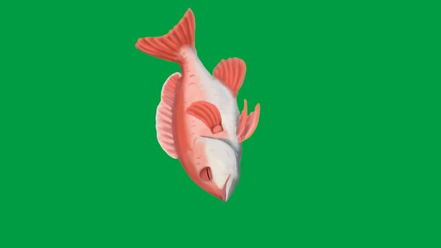 Hands catch jumping fish on green screen chromakey background in 2d animated cartoon animation. Human palms reaching marine creature action scene. Fishing interaction moment.