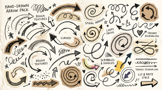 Creative hand drawn arrow pack featuring rough pencil textures and spiral doodle patterns for trendy scrapbook journaling and cut paste style projects isolated on vintage paper background artistic.