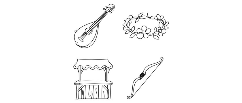 Medieval Renaissance Fair Vector Icon Set with Editable Stroke: Collection of 4 Line Art Icons Featuring Lute, Flower Crown, Wooden Market Stall, and Longbow for Historical Culture Design
