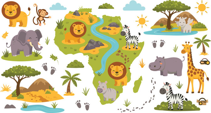 Illustrated Africa Map with Wild Animals, Lions, Elephants, Giraffes, and Zebras for Safari, Nature, and Adventure Designs