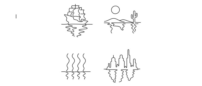 Minimalist Philosophy and Humanities Landscape Vector Icon Set with Editable Stroke. Collection of 4 Icons: Sailing Ship, Desert Scene, Wavy Lines, and City Skyline with Water Reflections