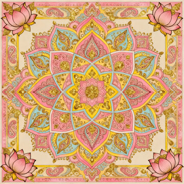 This is a symmetric ornate mandala artwork featuring pink lotuses, gold gilded details, and pastel blue and yellow paisley motifs, designed as a decorative textile or wall art.