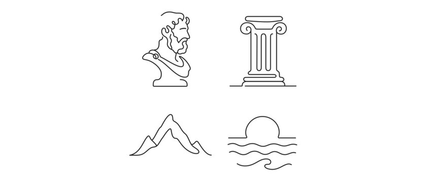 Stoicism and Philosophy Vector Icon Set with Editable Stroke featuring Seneca Bust, Greek Column, Mountain Peak, and Tranquil Sea Sunset for Minimalist Humanities and Wisdom Design