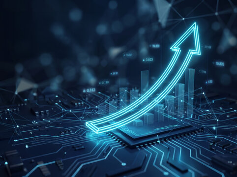 Business growth acceleration concept with glowing arrow, digital charts and futuristic technology background. Generated by AI
