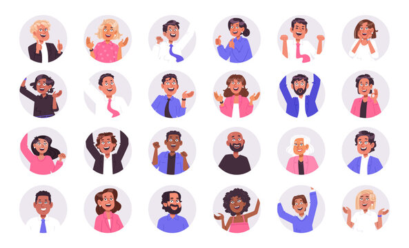 Set of happy business avatars in a circle. Various character portraits with joyful expressions. Flat vector illustration