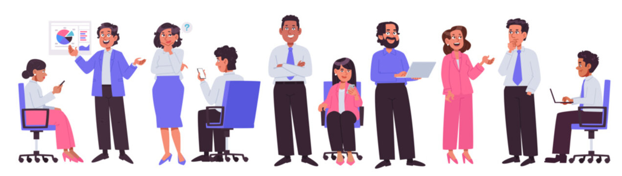Set of business people characters. Various office workers in different poses. Flat vector illustration.
