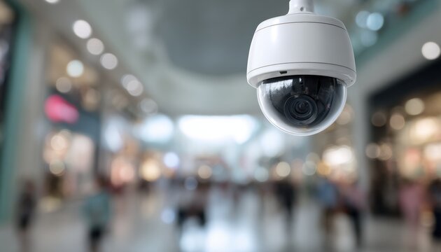 White ai security camera suspended from ceiling in indoor setting