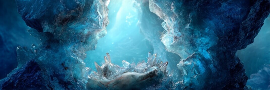 A serene underwater scene enveloped in ice and crystals, exuding tranquility.