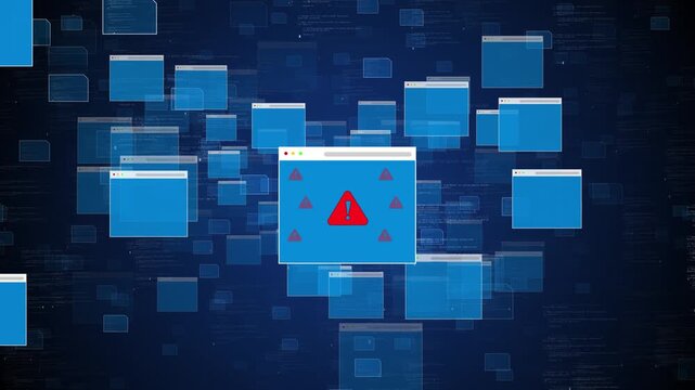 Digital error warning popup background with blue browser windows, red alert icons, code layers, dark cyber space. Perfect for security videos, bug reports, software failure scenes, and tech overlays.