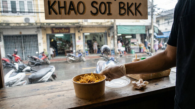 Hand holding bowl of Khao Soi noodles with crispy topping on wooden counter inside street food restaurant with view of motorcycles and shopfronts outside