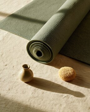 Premium wellness lifestyle editorial photography with sage green rubber yoga mat rolled
