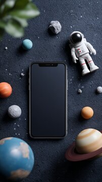 Space-themed flat lay with a smartphone and astronaut figurine on dark textured background.