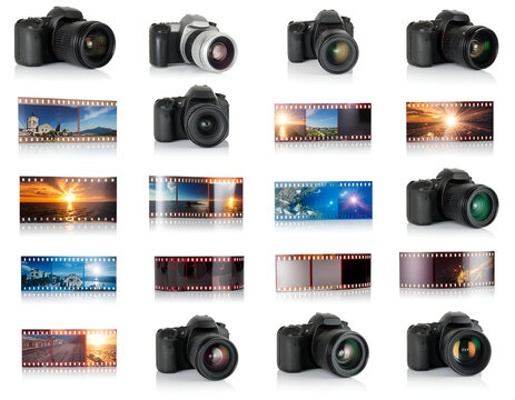 Collection of digital cameras with film strips and bokeh backgrounds.