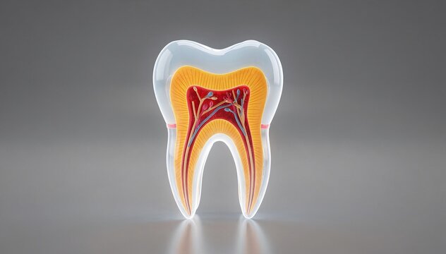 Detailed tooth cross-section showing anatomy, enamel, dentin, pulp, nerves, vessels, healthy structure, essential oral health medical render