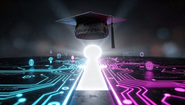 Digital Transformation and Education Concept: Graduation Cap over Keyhole with Glowing Circuit Board, Data Icons, and Path to Knowledge