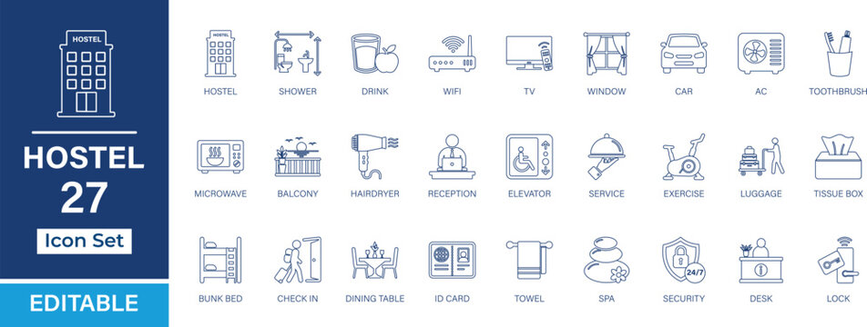 Hostel 27 Line Icon Set. Featuring lodging, facilities, tourism, front desk, safety, food, and hospitality elements for UI, UX, apps, and web.