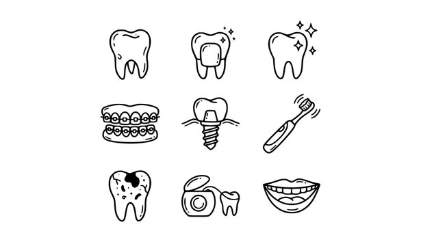 Dental clinic doodle icon set wisdom tooth braces implant whitening and oral care thin line vector illustration