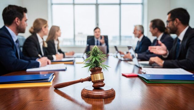 Legal Professionals Conferring Around a Conference Table with a Symbolic Plant atop a Gavel, Representing Discussions on Regulation and Justice