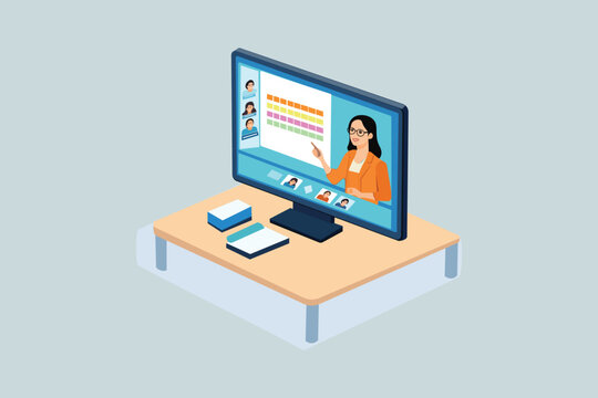 A teacher instructs students in an online class via video conference on a computer. Ideal for education, remote learning, and digital communication.