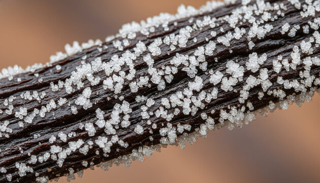Premium aged Madagascar vanilla bean pod with sparkling vanillin frost crystals