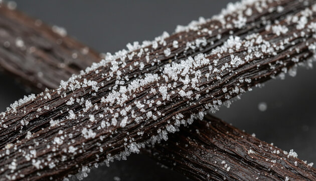 Premium aged Madagascar vanilla bean pod with sparkling vanillin frost crystals