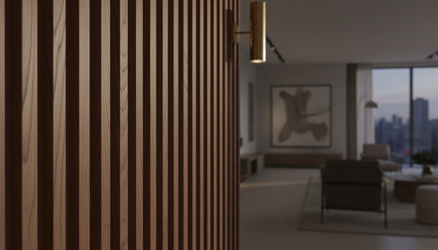 Luxury walnut tambour wood paneling texture with vertical half round slats