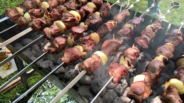 Close up grilling cooking skewers with marinated shashlik