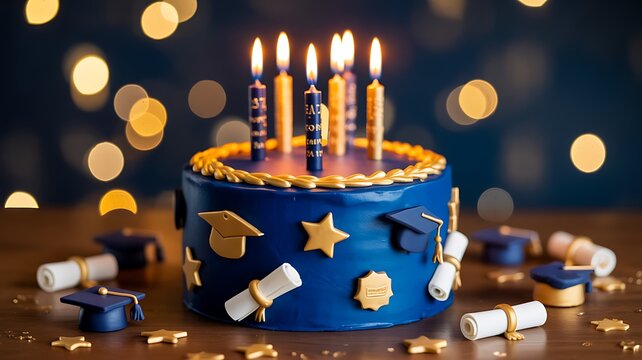 Graduation themed cake with candles and academic decorations in celebratory setting