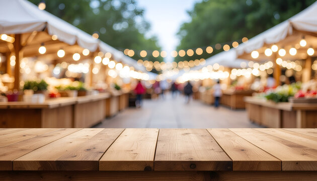 Rustic wooden table with blurred outdoor market lights background.