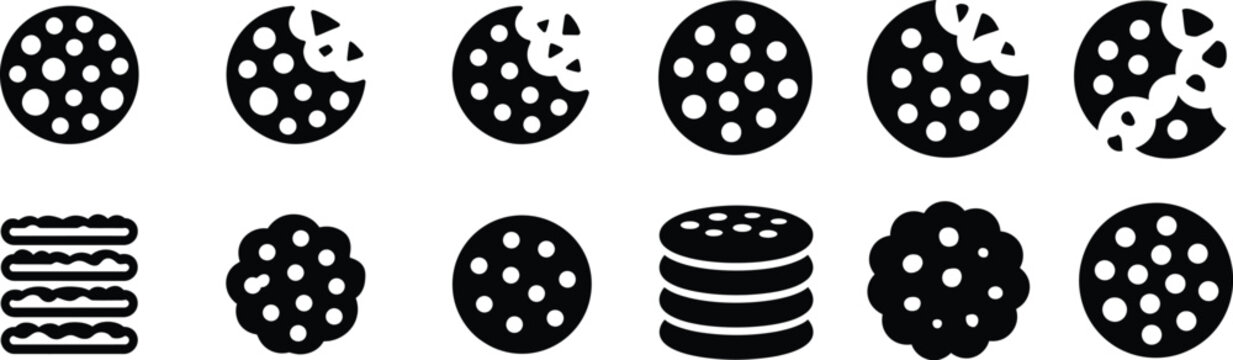 Collection of twelve vector cookie icons in black and white various stages of being eaten and different cookie shapes round shape partially eaten cookie dough