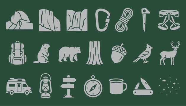 Yosemite High Sierra climbing icons featuring mountain gear and wilderness wildlife for adventure