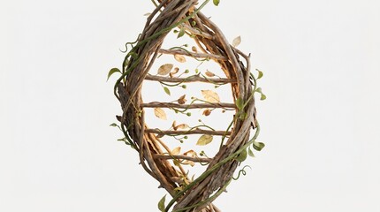 Fototapeta premium Conceptual DNA double helix strand meticulously constructed from woven dry wooden twigs bark and curling green vines with leaves isolated on white background