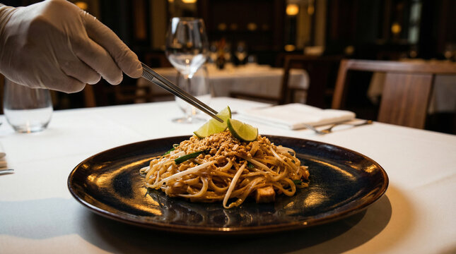 Plate of noodles garnished with lime wedges served on a black plate in a restaurant setting with chopsticks and wine glass on white tablecloth
