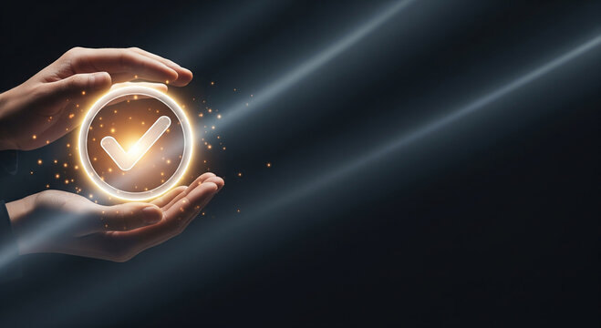 Hands holding a glowing golden checkmark in a circle, perfect for premium quality assurance and approved certification plans