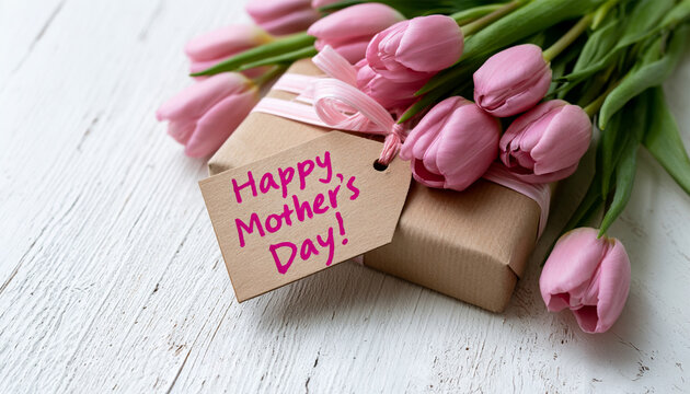 Happy Mothers Day card design with pink flowers on white background. Pink tulips and daisies. Copy space