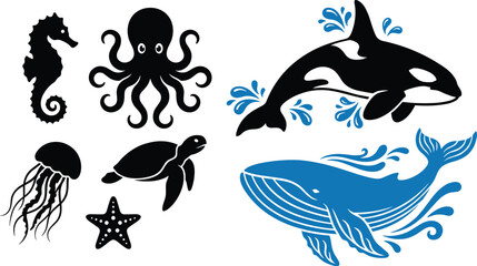 Marine animal silhouette set with whale orca octopus turtle jellyfish seahorse starfish vector ocean wildlife collection © ABU